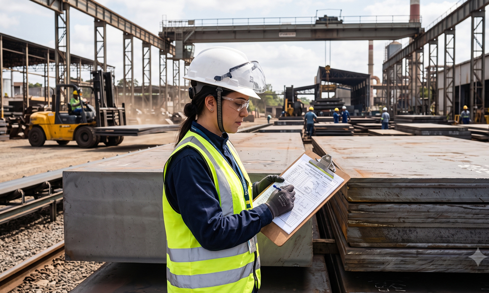 Engenheira analisando laudo e certificado de qualidade do aço com chapa metálica rastreável ao fundo em pátio industrial.