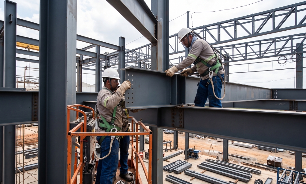 Operários realizando a montagem de uma estrutura metálica industrial utilizando ferro e aço sob medida com encaixe perfeito, eliminando o retrabalho.